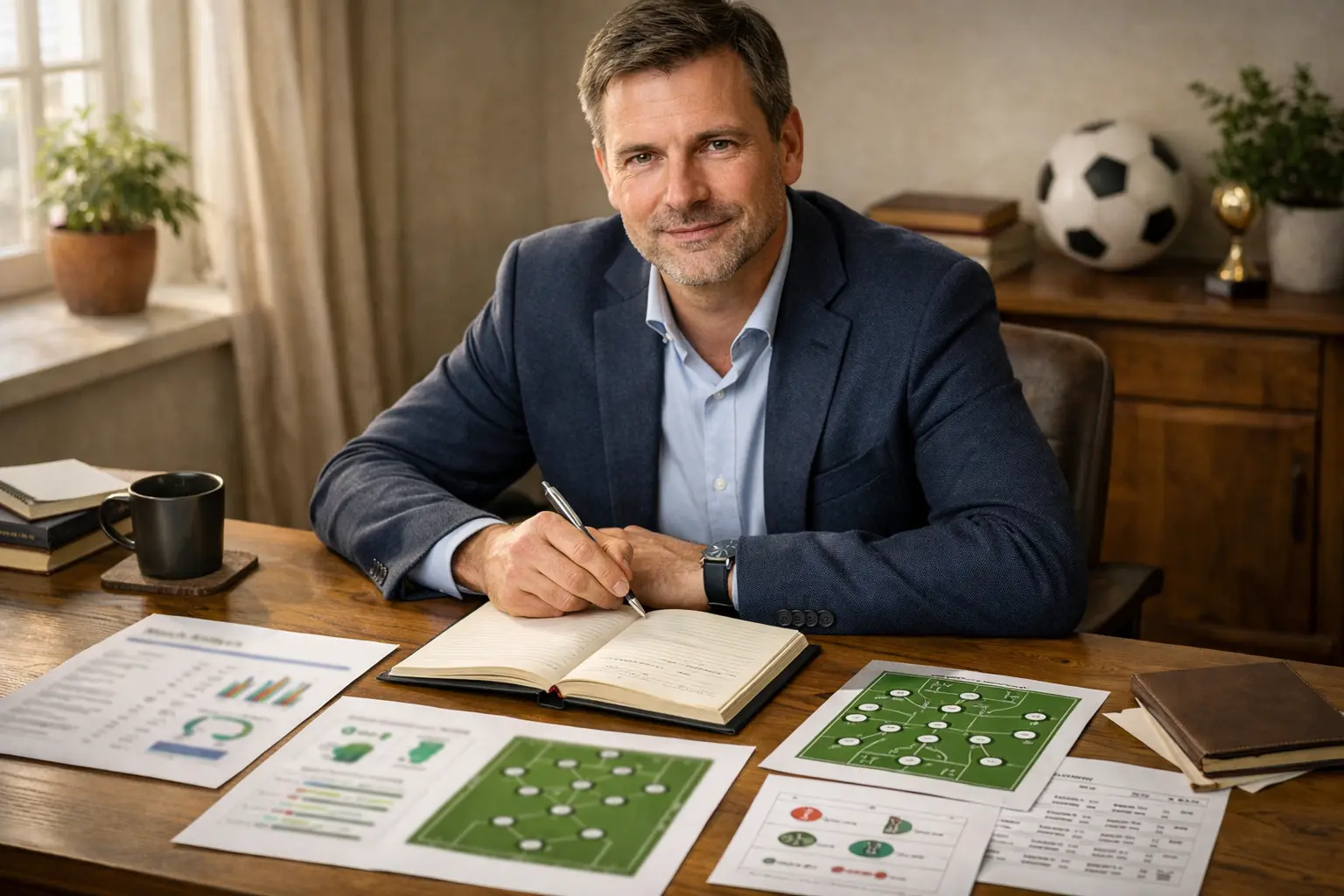 Analista sportivo che studia pronostici di calcio su documenti