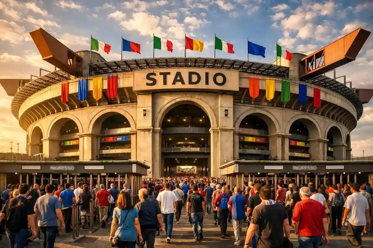 Ingresso principale di uno stadio di calcio italiano con bandiere e striscioni