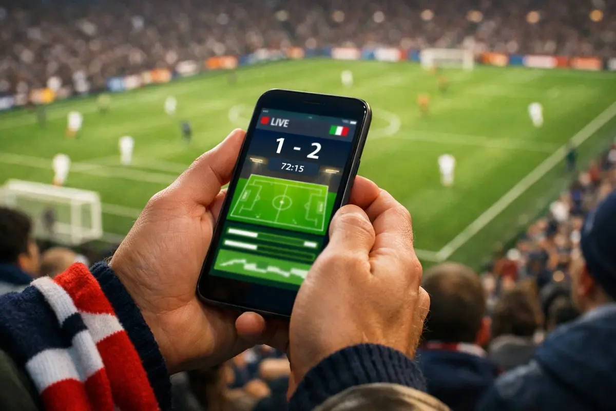 Mani di un tifoso che tiene uno smartphone mentre guarda una partita di calcio allo stadio