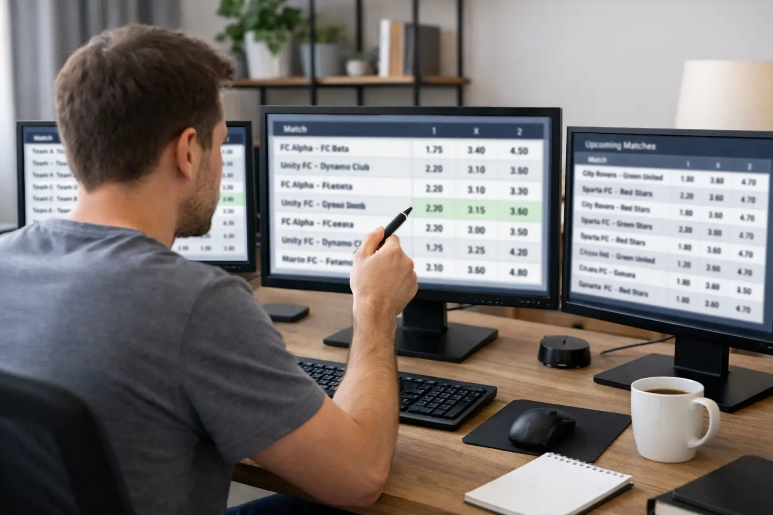 Persona che confronta quote su diversi schermi