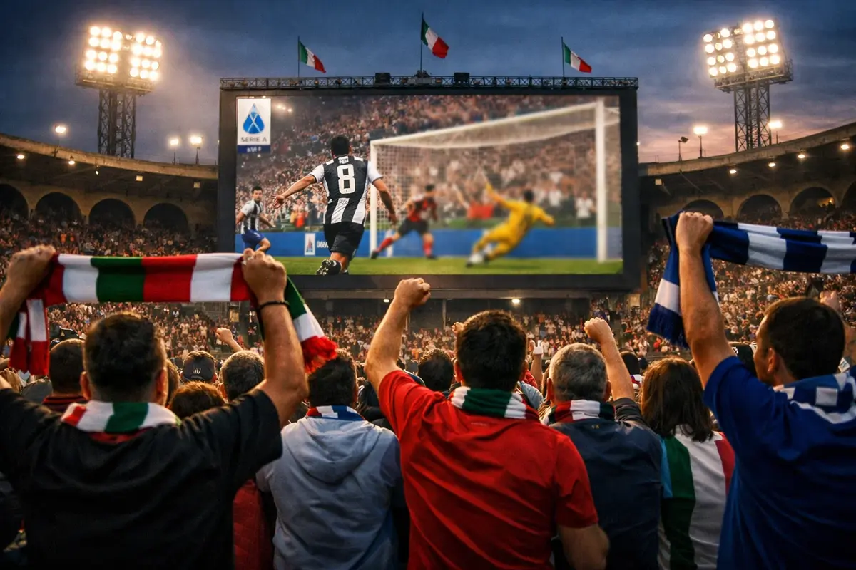 Tifosi che guardano una partita di calcio su maxischermo in uno stadio italiano