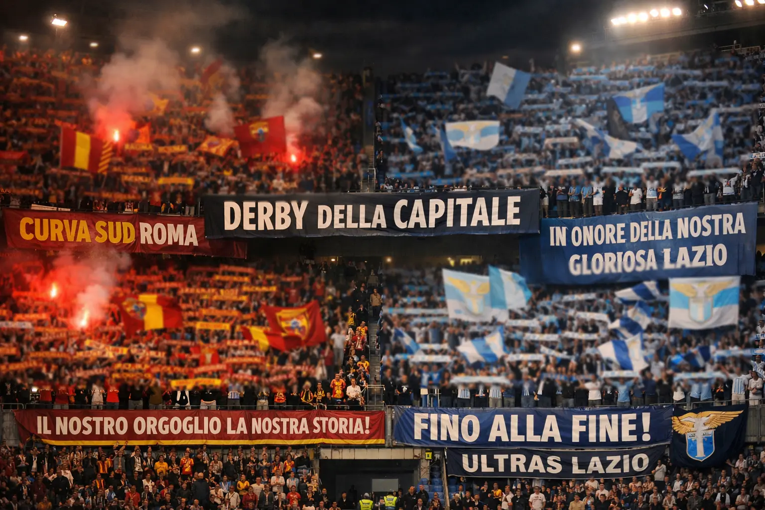 Atmosfera di un derby italiano con tifoserie contrapposte
