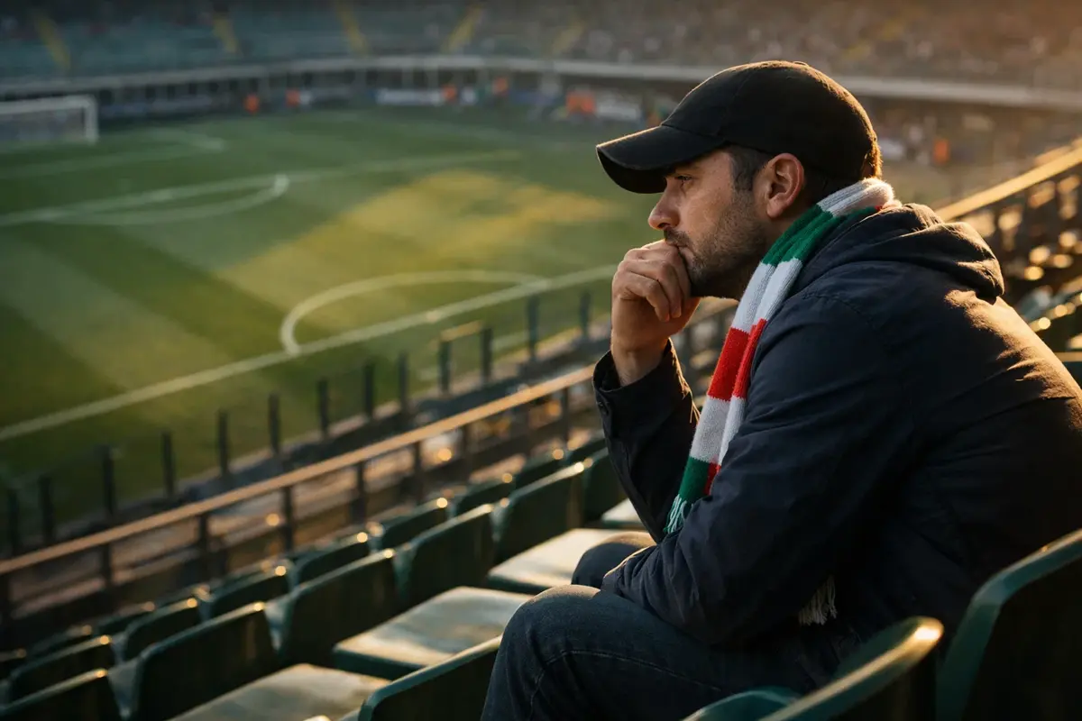 Tifoso pensieroso guarda partita di calcio