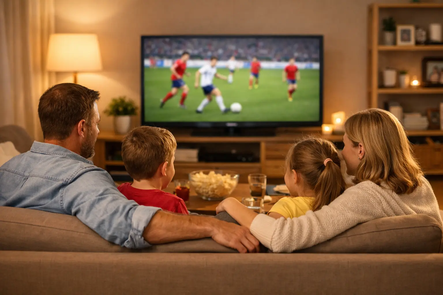 Famiglia che guarda una partita insieme in modo responsabile