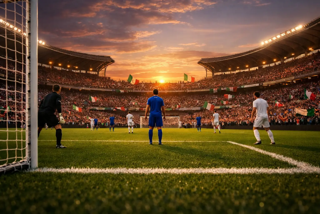 Stadio di calcio italiano durante una partita di Serie A con tifosi sugli spalti