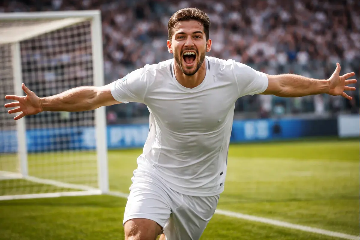 Attaccante di Serie A esulta dopo un gol sul campo di calcio