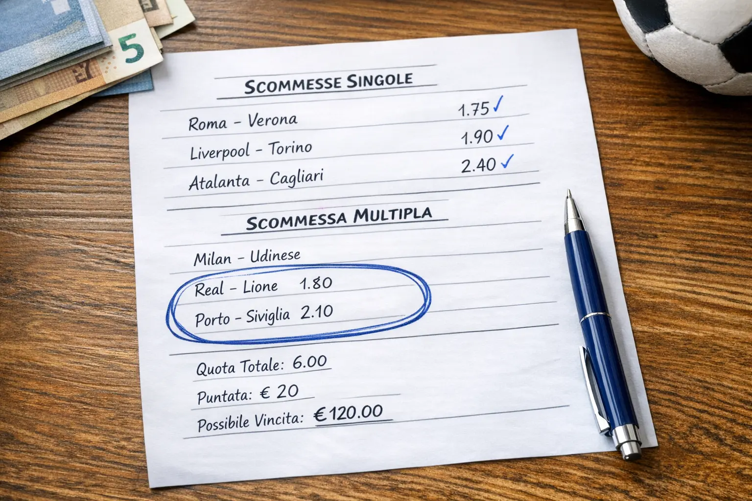 Schedina con scommesse singole e multiple