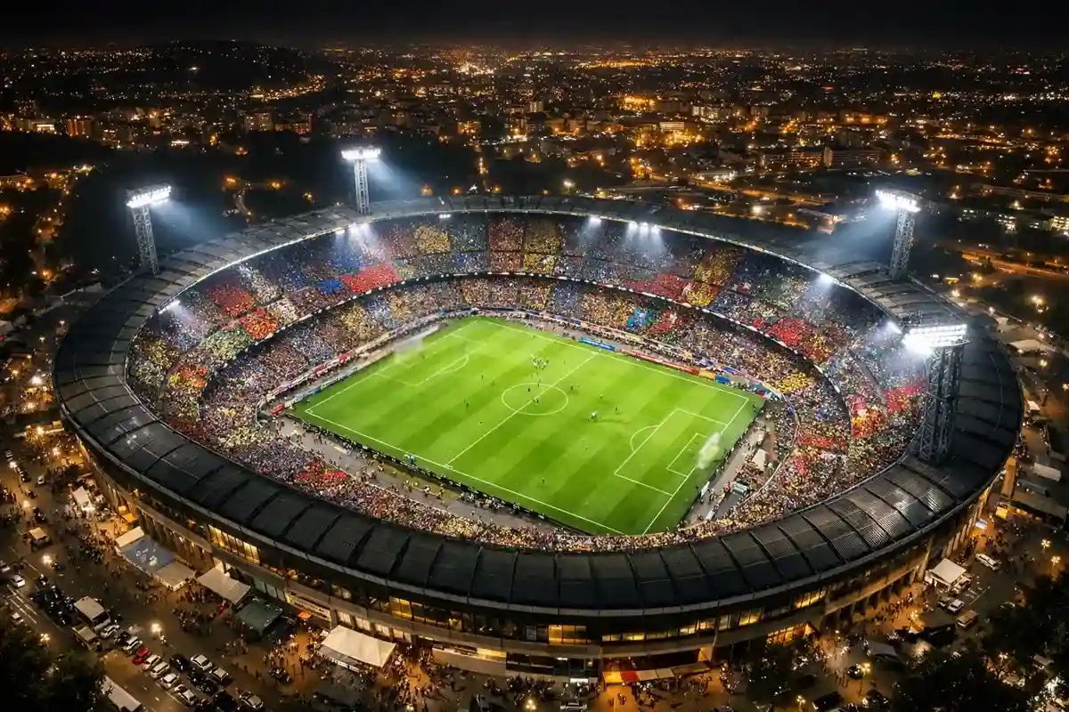 Veduta panoramica di uno stadio di calcio italiano durante una partita notturna