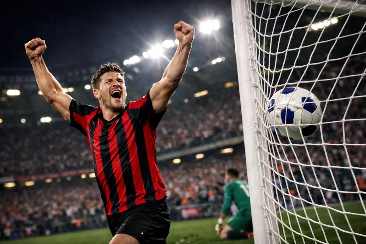 Attaccante che segna un gol durante una partita di calcio in uno stadio italiano