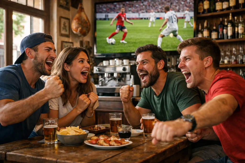Tifosi che guardano una partita di calcio in diretta al bar