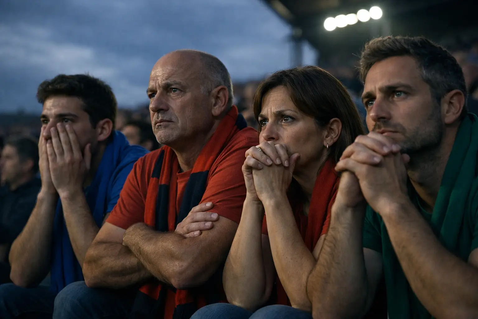 Stadio di calcio italiano con tifosi preoccupati per la retrocessione