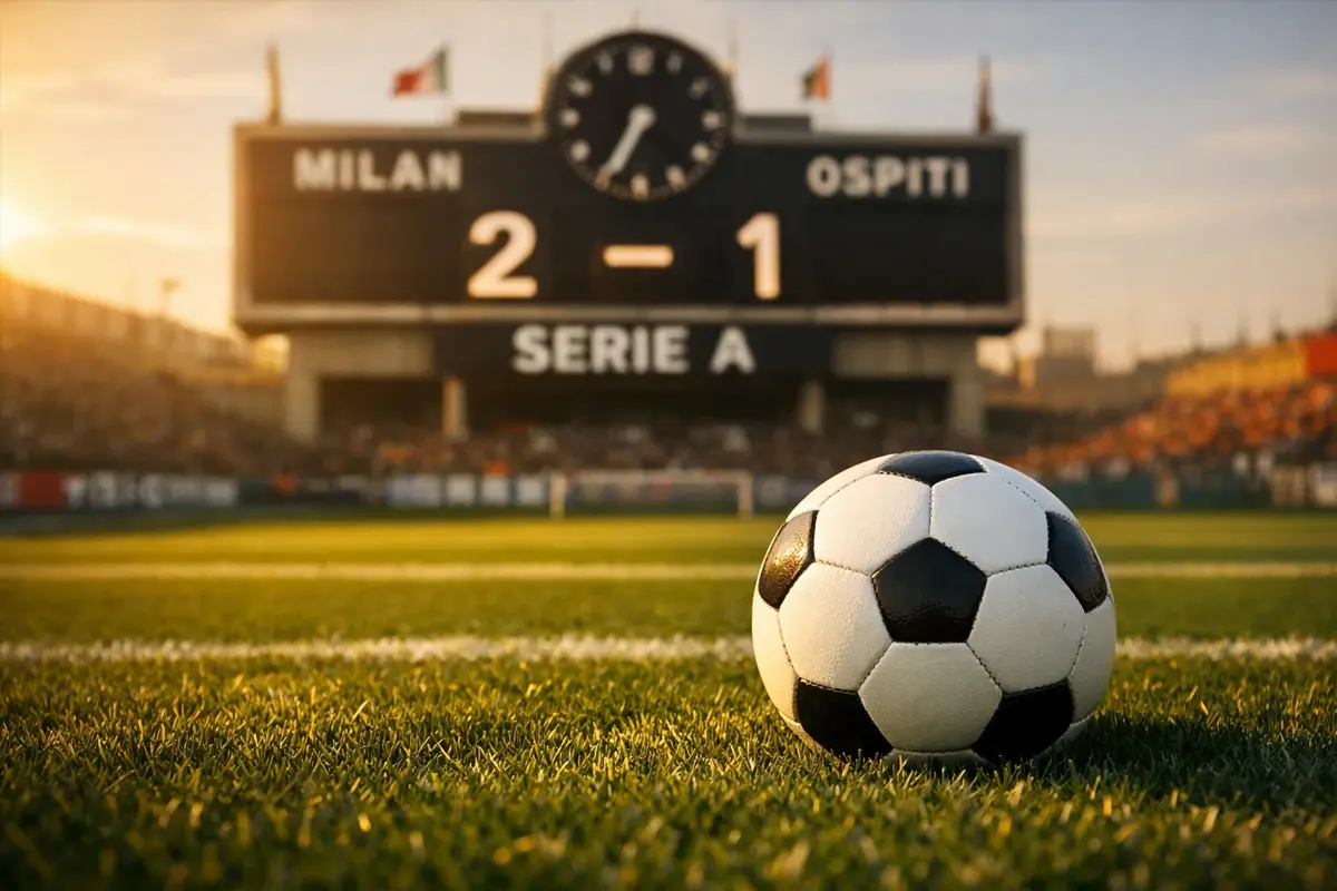 Pallone da calcio sul campo verde di Serie A con tabellone segnapunti sullo sfondo