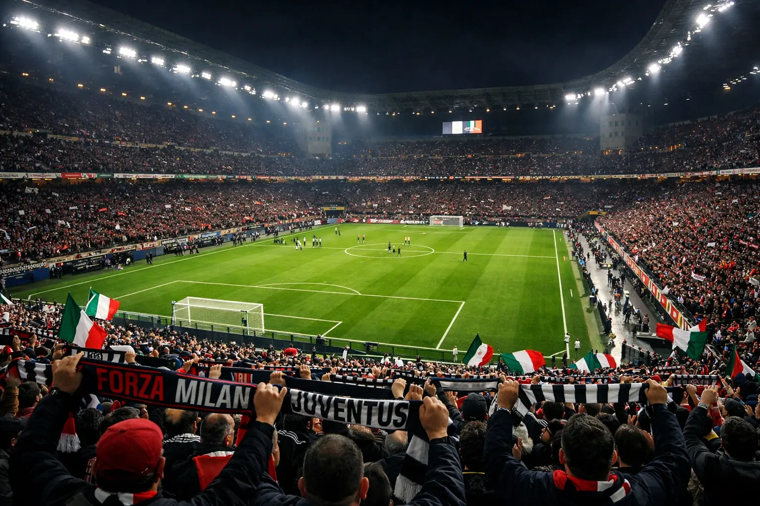 Stadio di Serie A pieno di tifosi durante una partita serale