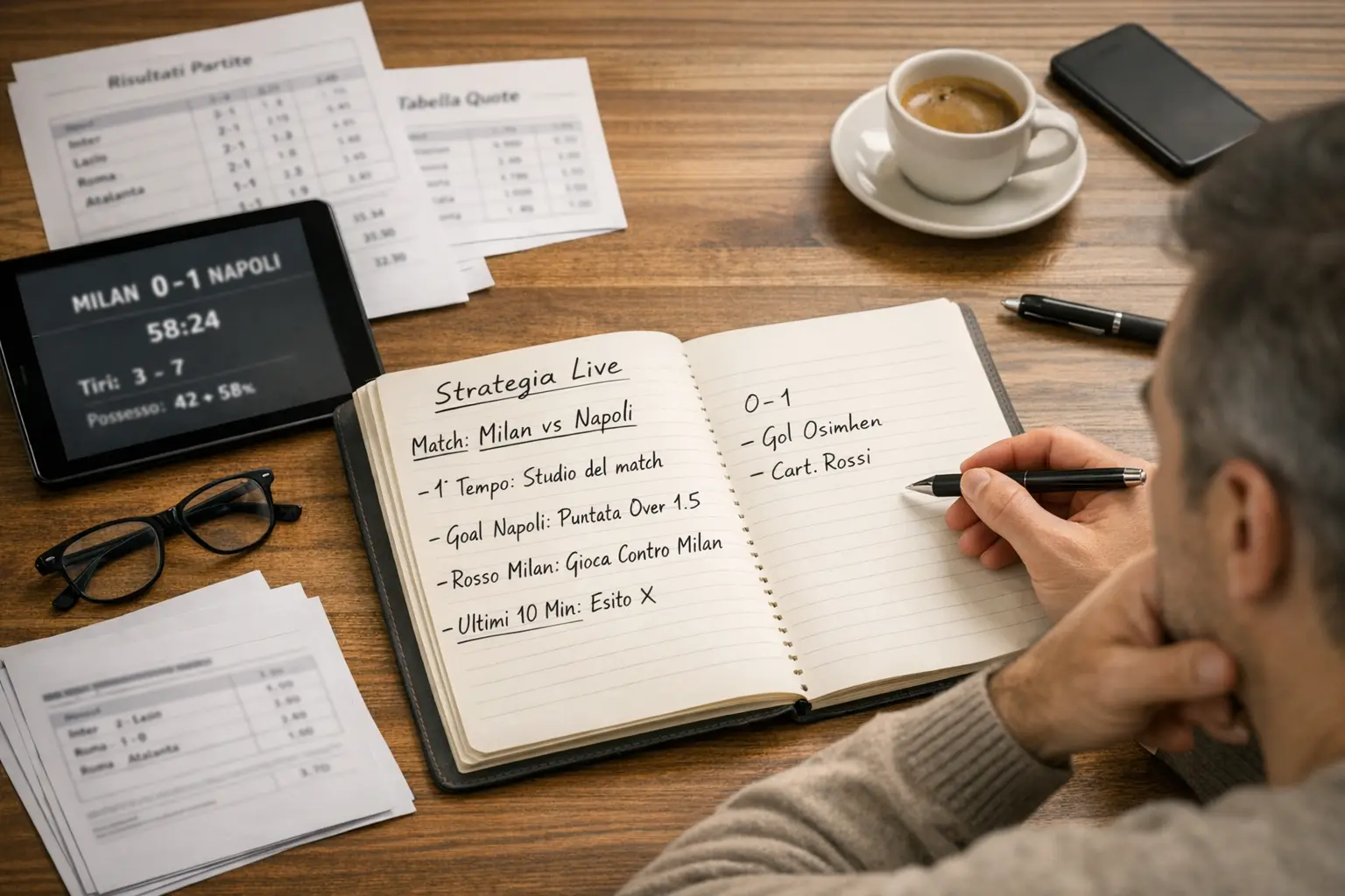 Persona che pianifica strategia di scommesse live