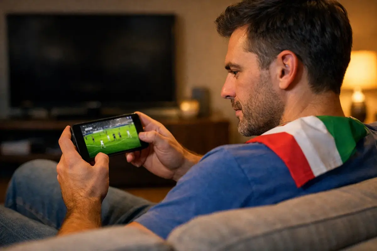 Tifoso guarda partita Serie A su smartphone con app di streaming bookmaker