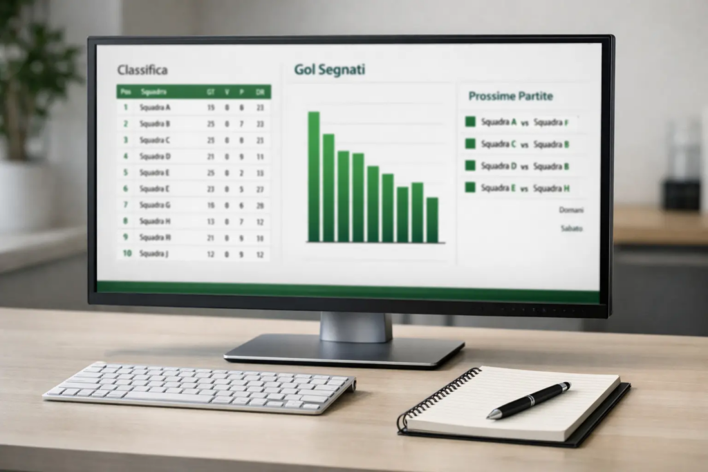 Schermo di computer che mostra interfaccia pulita con dati statistici calcistici