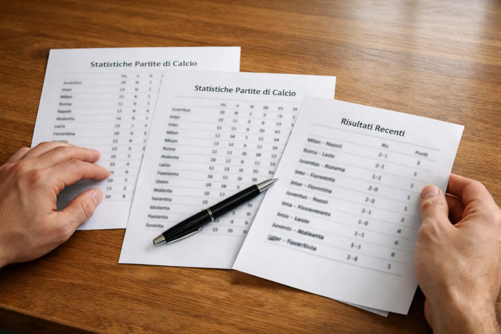 Persona che analizza statistiche calcistiche su un documento cartaceo