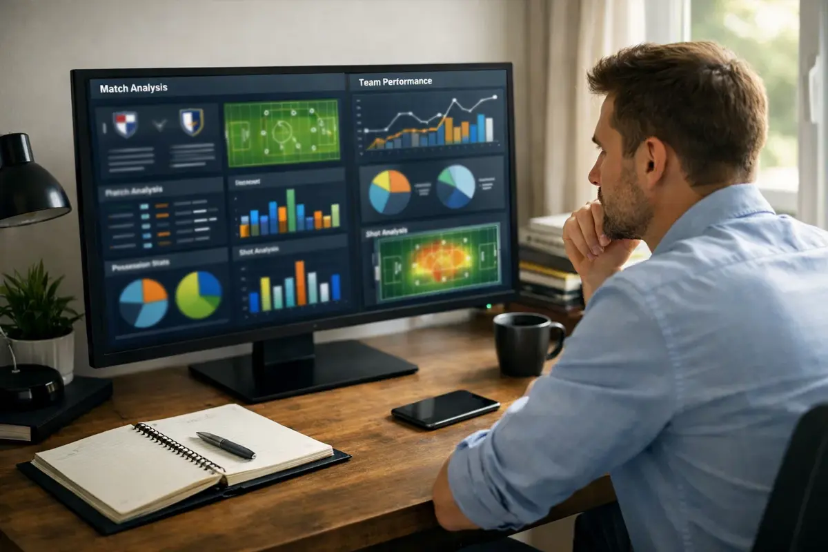 Analista studia statistiche calcio su monitor